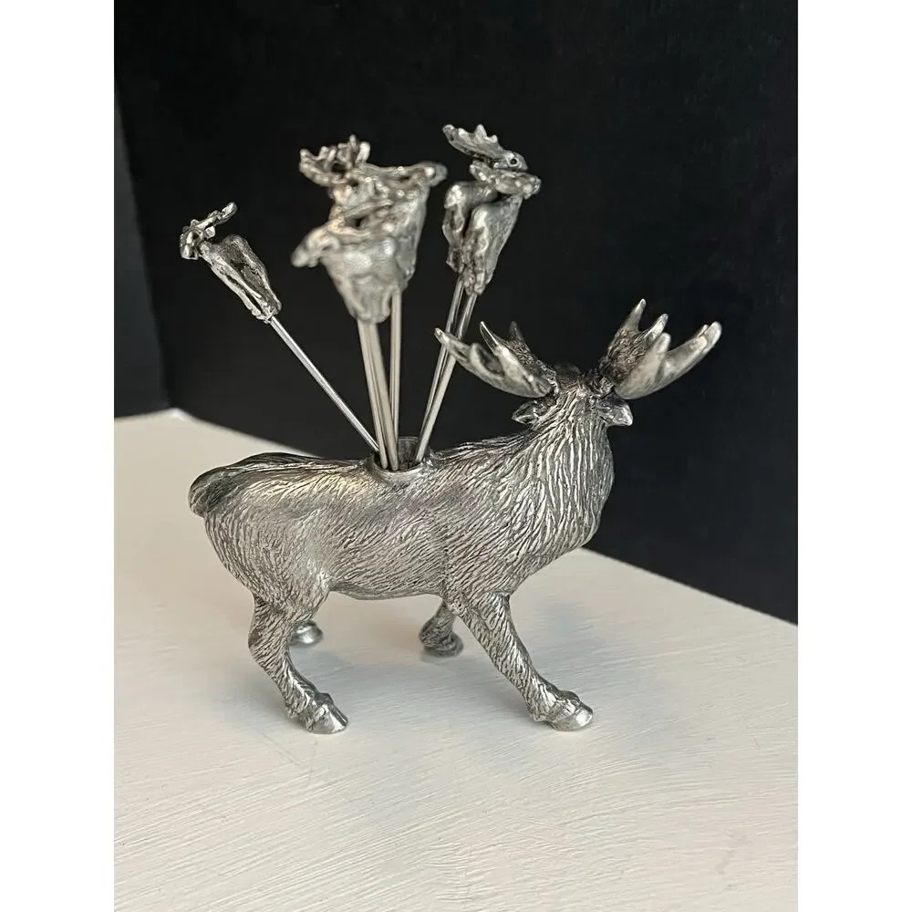 Stag Head Pewter Glass Bowl Cocktail Pick Holder & Picks 3pc Set Condiment Lodge